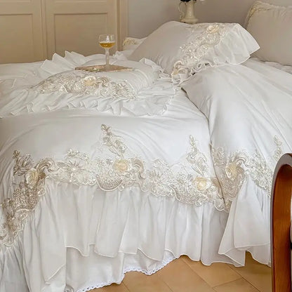 Decobites French Rose Flowers Lace Wedding Bedding Set with Ruffles