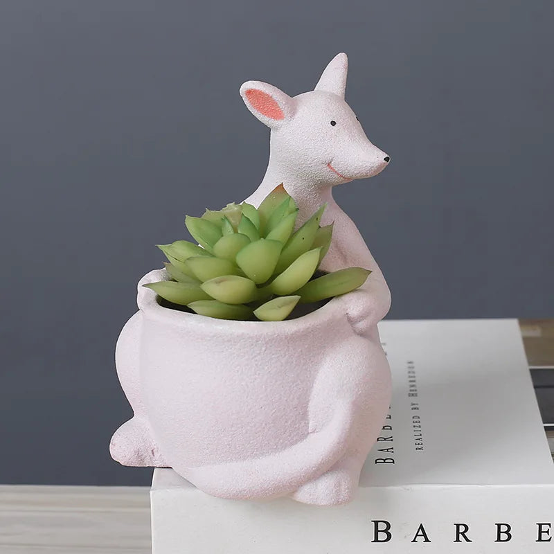 DecorBites™ Kangaroo Cartoon Ceramic Flower Pot Vase for Cactus Succulents and Plants