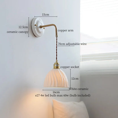 DecorBites™ Ceramic Wall Sconce with Copper Arm | Pull Chain Switch LED Bedroom Lamp