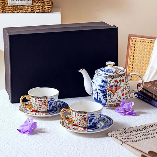 DecorBites™ Blue White Porcelain Color Blocked Gilded Coffee Mug Tea Cup Afternoon Dining