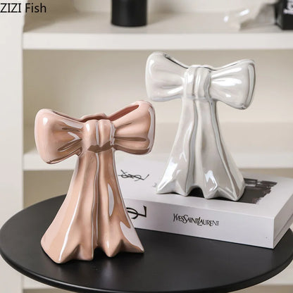 DecorBites™ Bowknot Ceramic Vase: Shiny Porcelain Floral Decor for Aesthetic Rooms