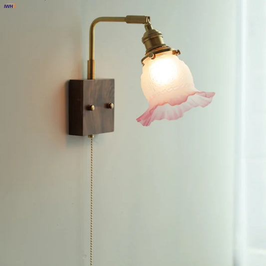 DecorBites™ Glass Pink LED Wall Sconce, Pull Chain Switch, Walnut Wood Bedside Lamp