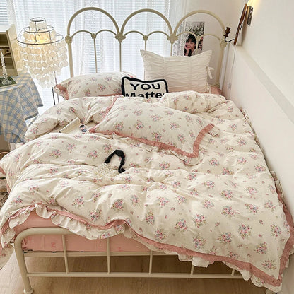 DecorBites™ French Floral Print Double Layer Lace Ruffles Bedding Set