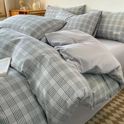 DecorBites™ Grid Printed Cotton Fitted Sheet Set - Double-Sided Mix Color Quilt Cover