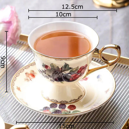 DecorBites™ Fruits Pattern Ceramic Coffee Mug Set Gold-plated Tea Cup Saucer Dining Juice Container