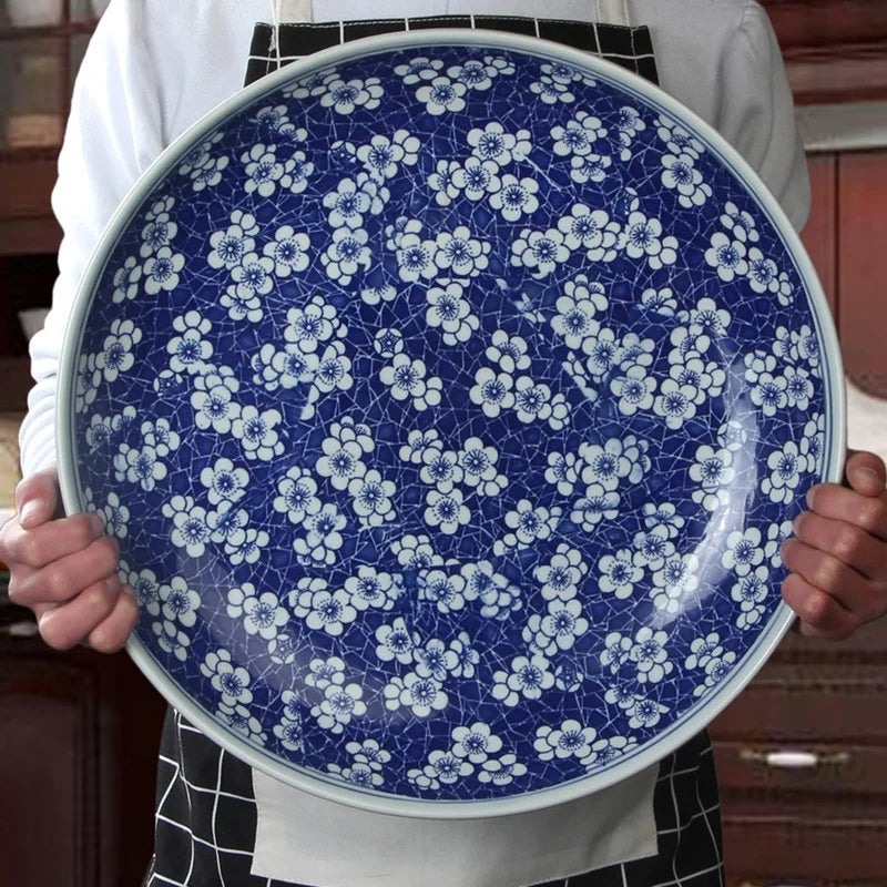 DecorBites™ Blue and White Porcelain Serving Plate - Elegant Chinese Tableware for Spaghetti, Roast Turkey, and More