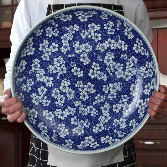 DecorBites™ Blue and White Porcelain Serving Plate - Elegant Chinese Tableware for Spaghetti, Roast Turkey, and More