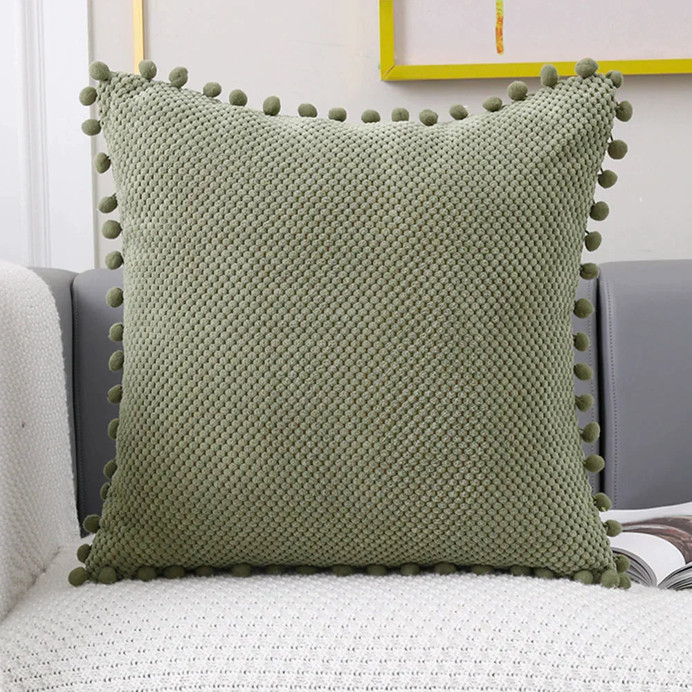 Juego de fundas de cojín decorativas DecorBites™ con pompones color beige - Decoración de sofá de primera calidad para el hogar