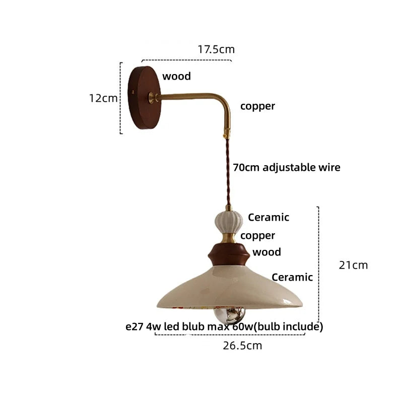 DecorBites™ Ceramic LED Wall Light Copper Pull Chain Wood Base Modern Bedside Lamp