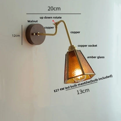 DecorBites™ Clear Glass LED Wall Sconce Pull Chain Switch Rotate Arm Walnut Wood Stair Light