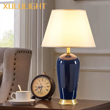 DecorBites™ Dark Blue Ceramic Table Lamp with Remote Control for Bedroom and Living Room