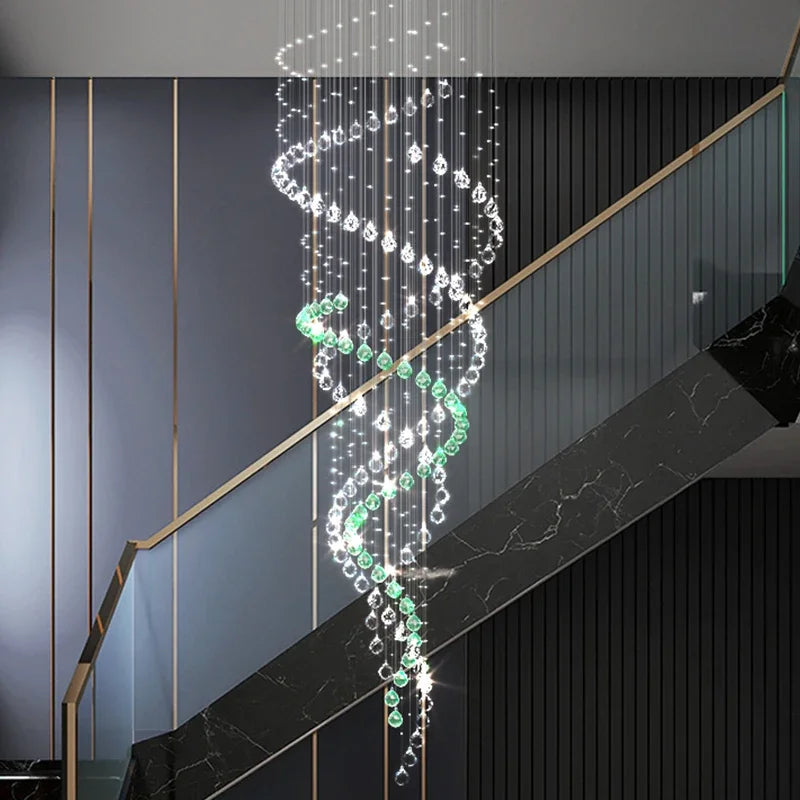 DecorBites™ Crystal Chandelier for High Ceilings Living Room - Modern Luxury Spiral Stair Pendant Lamp