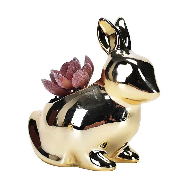 Maceta de cerámica DecorBites™ Conejo Dorado | Jarrón para suculentas de dibujos animados
