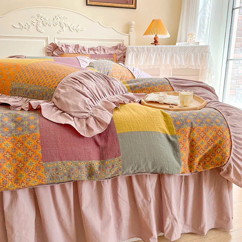 Decobites Vintage Cotton Double Layer Bedding Set with Ruffles & Pleat Details