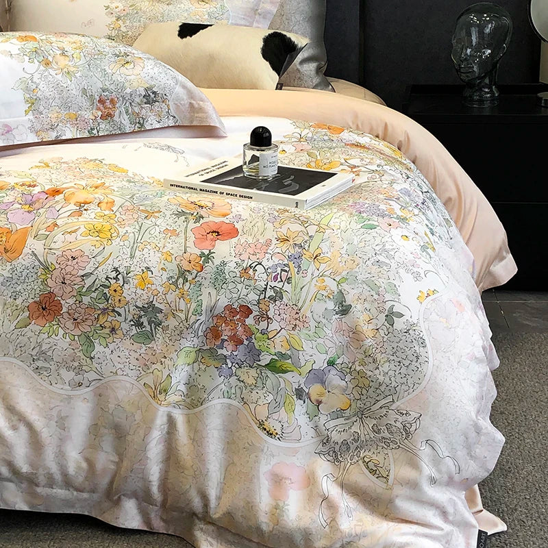 Decobites Flowers Plant Print Bedding Set: Luxe Lyocell Cotton Soft Silky Cool Duvet Cover Set