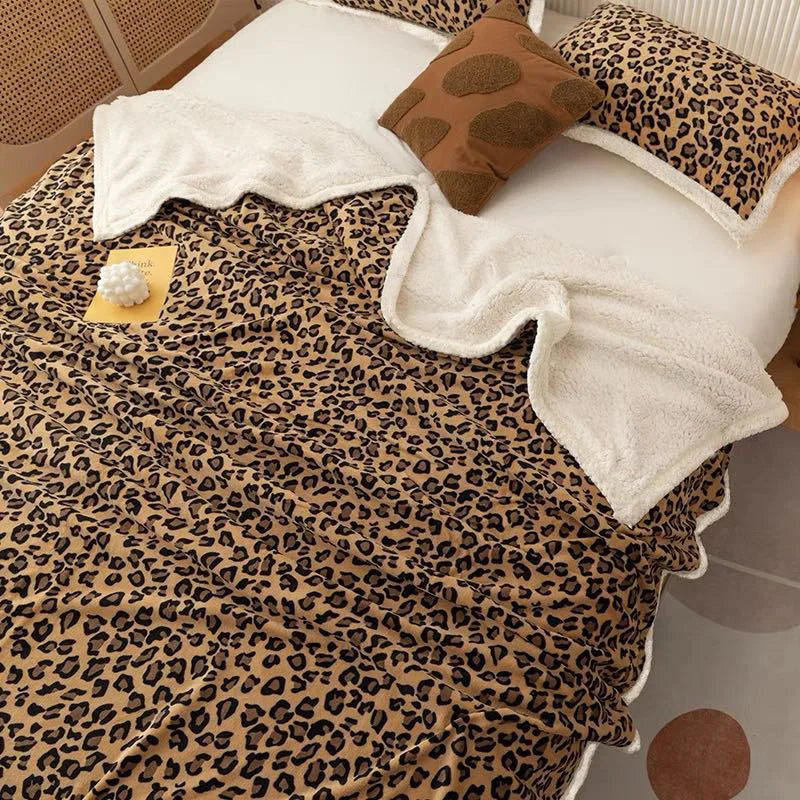 DecorBites™ Double Layer Leopard Print Coral Fleece Blanket - 150X200Cm Office Bedspread