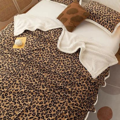 DecorBites™ Double Layer Leopard Print Coral Fleece Blanket - 150X200Cm Office Bedspread