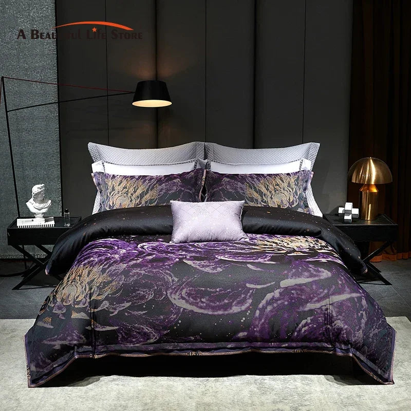 Decobites Luxury Purple Egyptian Cotton Jacquard Bedding Set with Duvet Cover, Sheet, Pillowcases