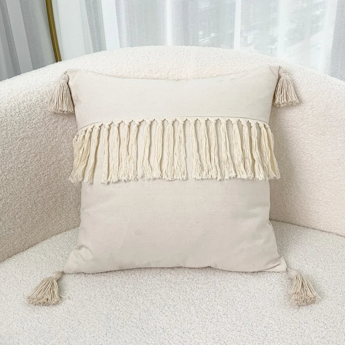 DecorBites™ Boho Linen Cotton Pillow Cover with Tassels - Beige Square/Rectangular 45x45cm/30x50cm