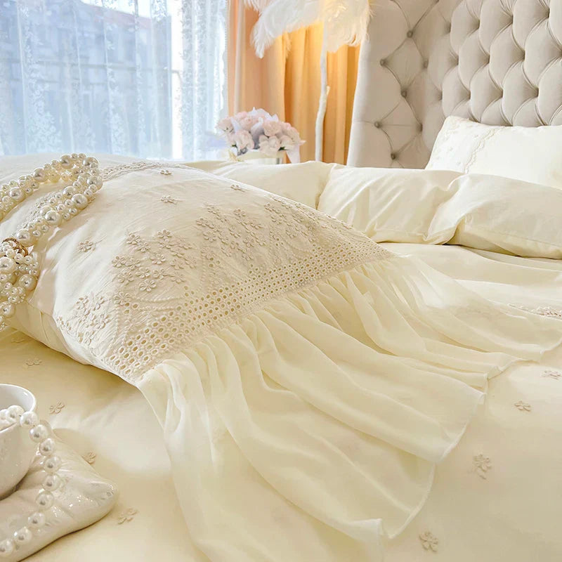 Decobites French Vintage Lace Ruffles Beige Cotton Princess Wedding Bedding Set