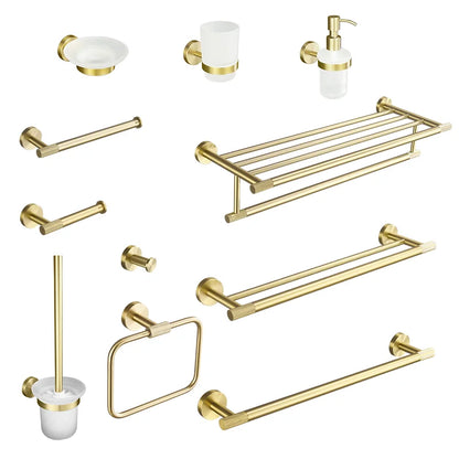 DecorBites™ Brushed Gold Brass Bathroom Accessories Set: Hand Towel Bar, Toilet Paper Holder, Robe Hook