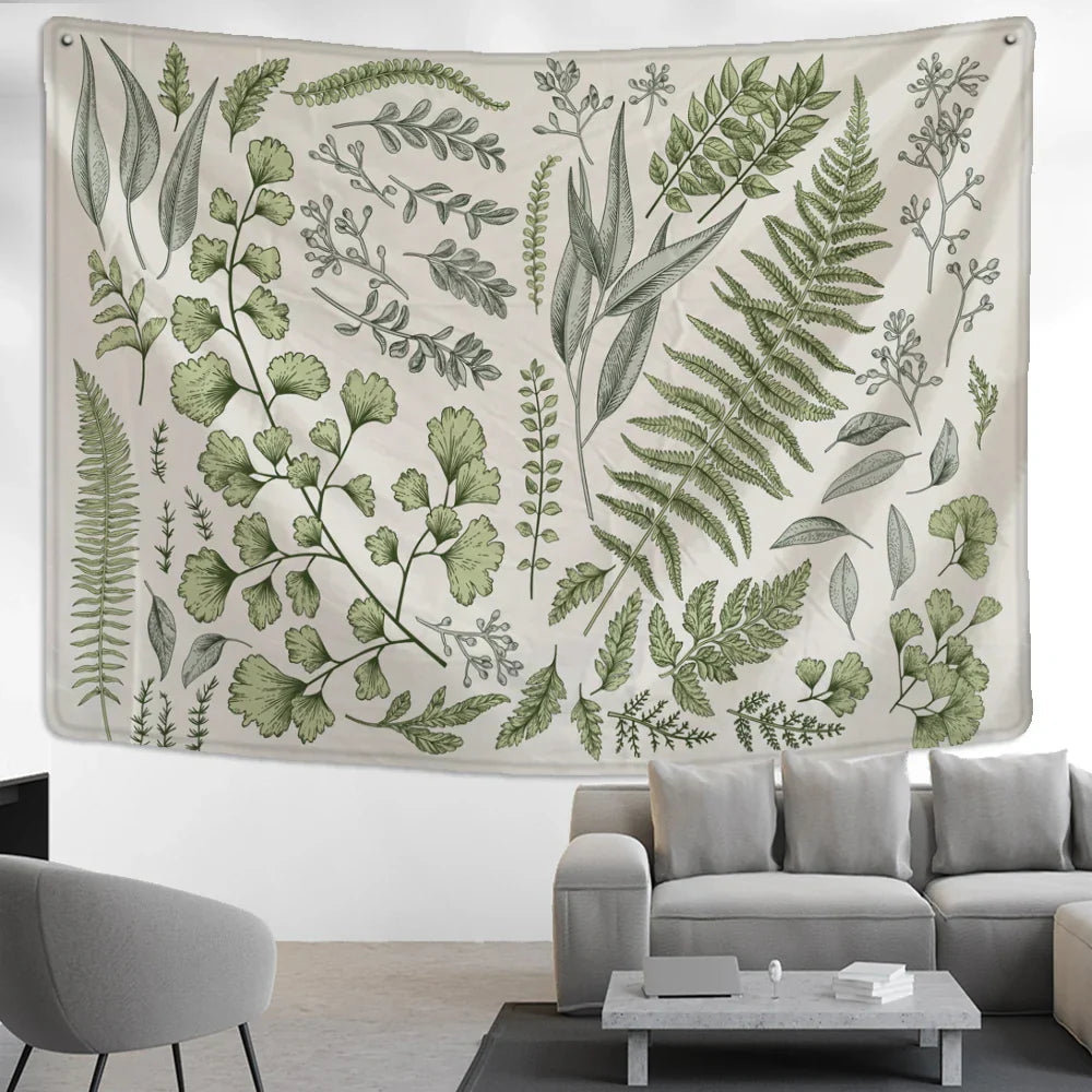 Decobites Botanical Tapestry Wall Hanging Fern Leaves Boho Nature Aesthetic Room Decor