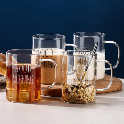 DecorBites™ Good Morning Glass Mug - Transparent Tumbler with Handle