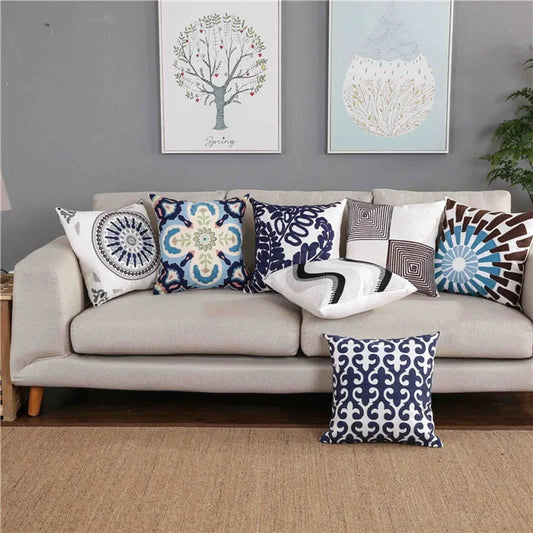 DecorBites™ Blue Floral Mandala Leaves Wave Embroidered 45x45cm Cotton Pillow Cover