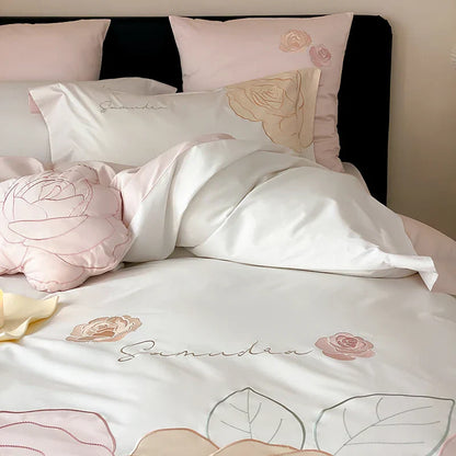 Decobites Luxury Rose Flowers Embroidery Bedding Set 1000TC Egyptian Cotton Duvet Cover Set