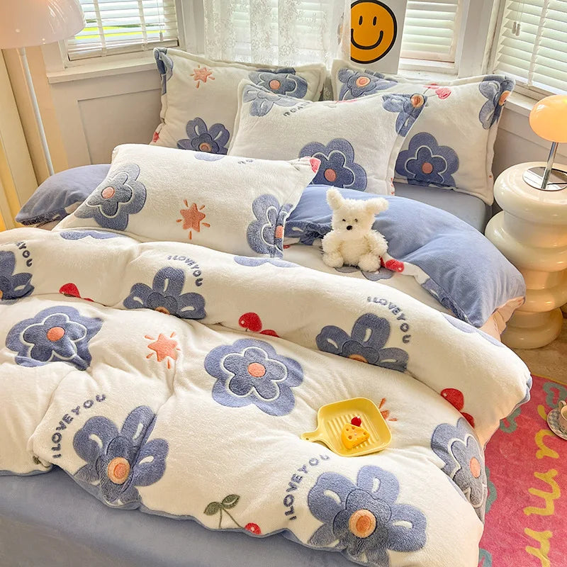 Decobites Flower Print Thicken Winter Warm Bedding Set with Sheet Pillowcases