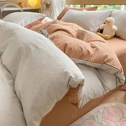 طقم أغطية سرير DecorBites™ قطني مخطط، غطاء لحاف مغسول ومصبوغ بخيوط، أغطية سرير فردية