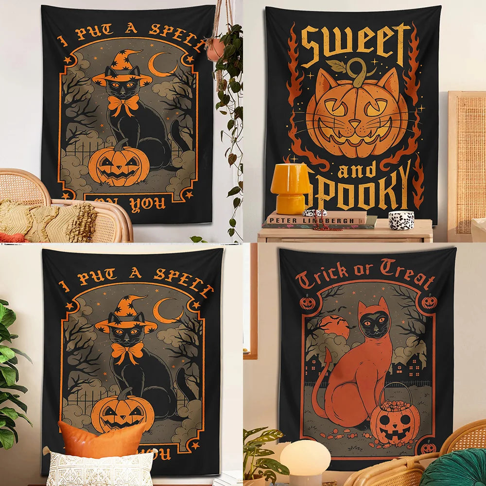 Decorbites™ Tapiz de gato de Halloween colgante de pared para decoración hogareña dulce y espeluznante