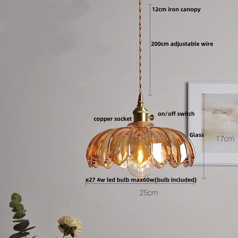 DecorBites™ Amber Flower Glass Pendant Lamp LED Knob Switch Nordic Modern Hanging Lights