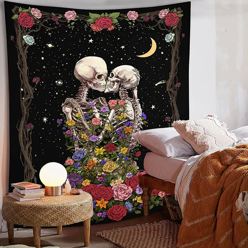 Decobites Skull Lovers' Kiss Tapestry - Colorful Roses and Tarot Skeleton Wall Hanging