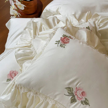 Decobites Vintage Lace Ruffles Embroidery Bedding Set with 1000TC Egyptian Cotton