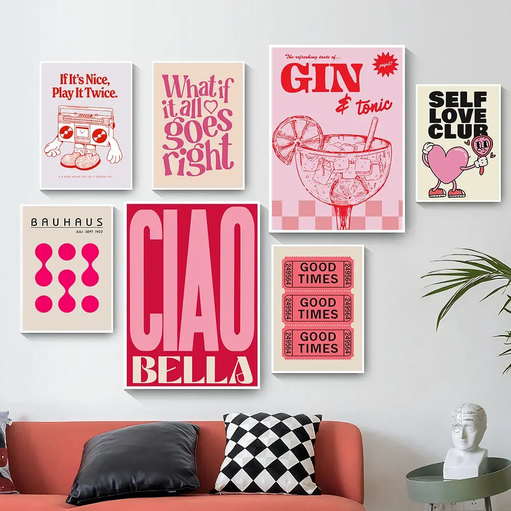 Vintage Pink Cartoon Print Wall Art Canvas