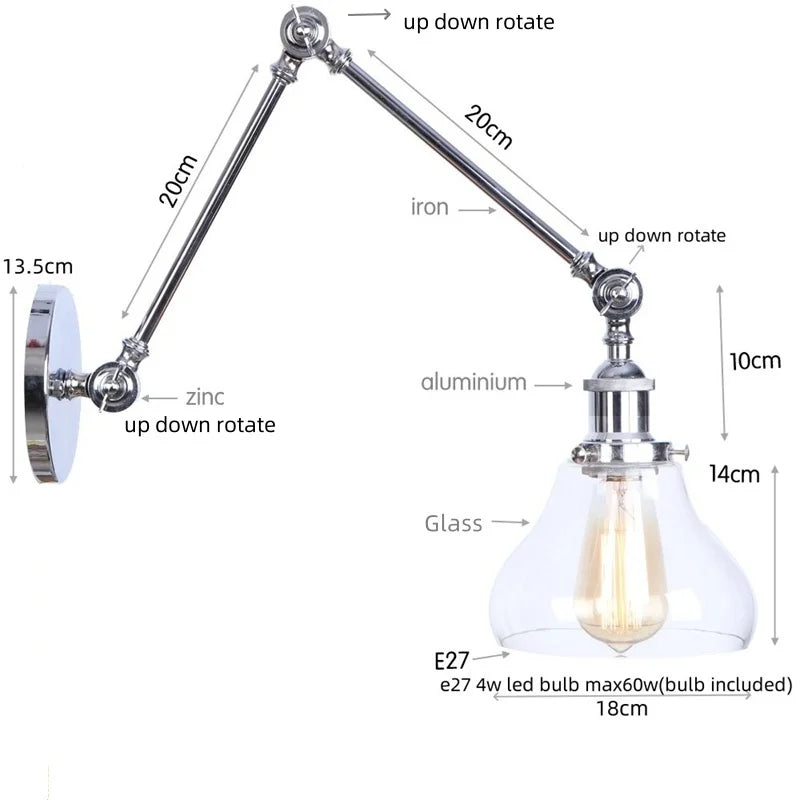 DecorBites™ Chrome Industrial LED Wall Sconce Swing Arm Clear Glass Lamp