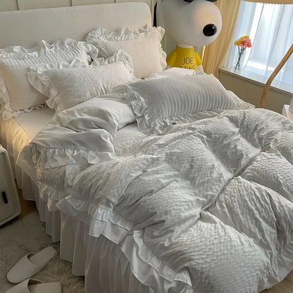 DecorBites™ Lace Trim Washed Cotton Bedding Set - 4Pcs Solid Color Duvet Cover & Bed Skirt