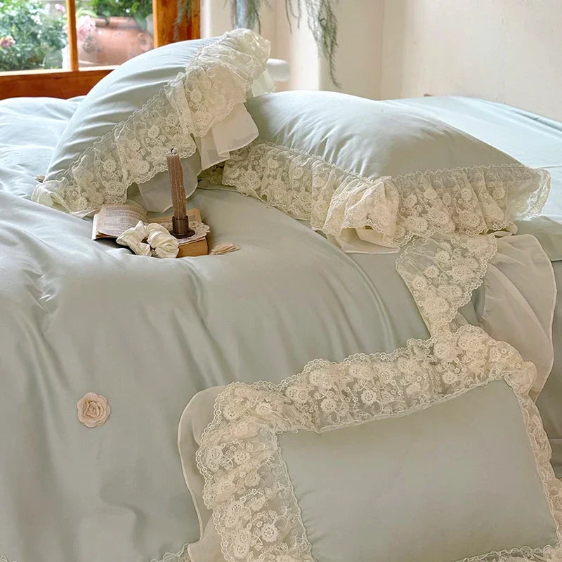 Decobites Princess Wedding Luxury Bedding Set 1200TC Egyptian Cotton Lace Ruffles Flowers Embroidery