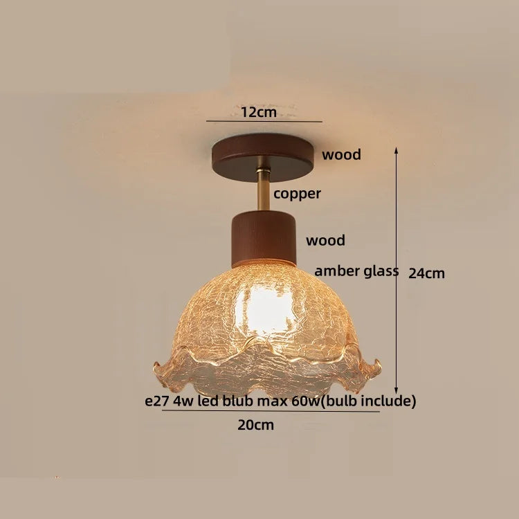 DecorBites™ Amber Glass Wood LED Ceiling Light Fixture for Modern Living Room.