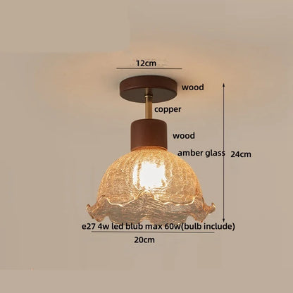 DecorBites™ Amber Glass Wood LED Ceiling Light Fixture for Modern Living Room.