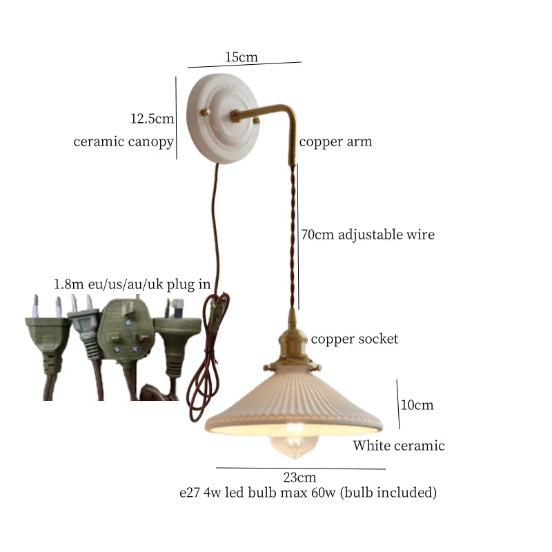 DecorBites™ مصباح حائط LED قابل للتعديل مخطط من السيراميك والنحاس ومرآة بجانب السرير