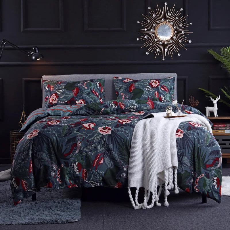 DecorBites™ Dark Flower Print Duvet Cover Set - Queen King Twin Home Bedding Quilt Covers