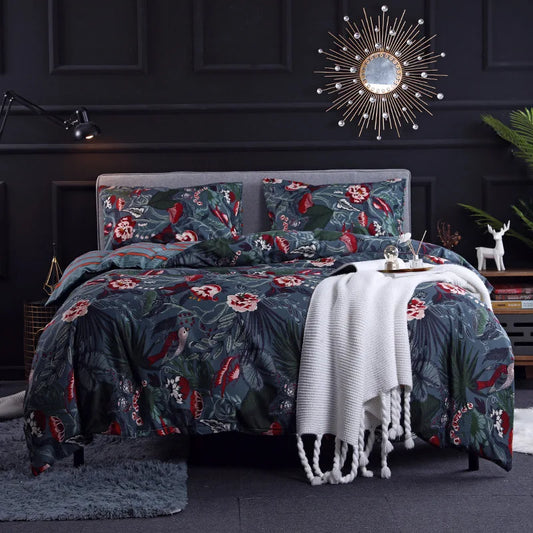 DecorBites™ Dark Flower Print Duvet Cover Set - Queen King Twin Home Bedding Quilt Covers