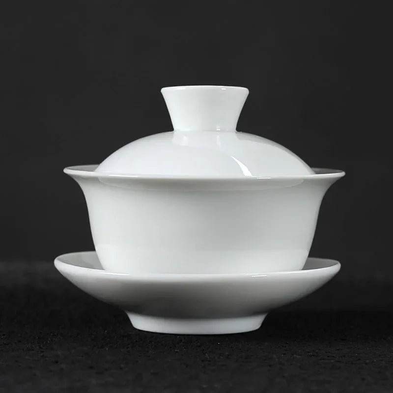 DecorBites™ Lotus Hand-Drawn Gaiwan Tea Set - White Porcelain Jingdezhen Teapot Puer Cup