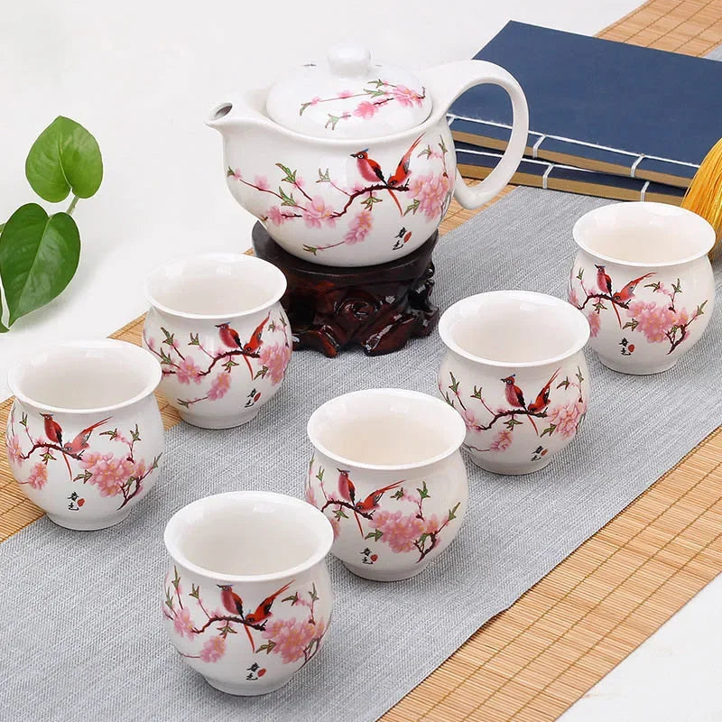 DecorBites™ Double Ceramic Teaware Set: 1 Tea Pot + 6 Cups, Chinese Gongfu Tea Set