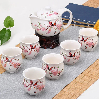 DecorBites™ Double Ceramic Teaware Set: 1 Tea Pot + 6 Cups, Chinese Gongfu Tea Set