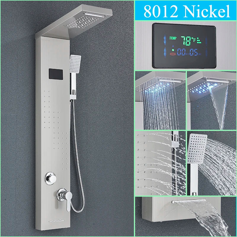 DecorBites™ LED Shower Panel Column Faucet with Rainfall Waterfall, Back Jet, Mixer Tap