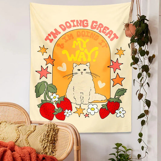 Decobites Cute Cat Star Strawberry Tapestry Wall Hanging for Boho Home Decor