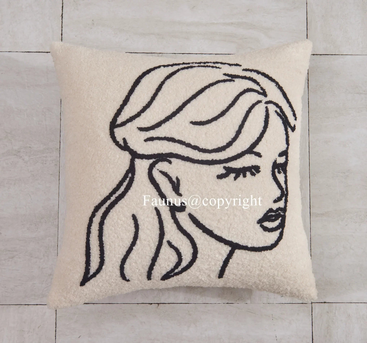 DecorBites™ Lambswool Face Embroidered Cushion Cover 45x45 - Beige White Abstract Art Pillowcase